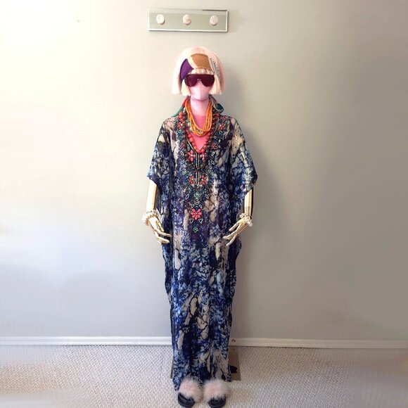 EUC Lucky & Coco blue, black & beige abstract print beaded sequined tunic caftan - Picture 1 of 9